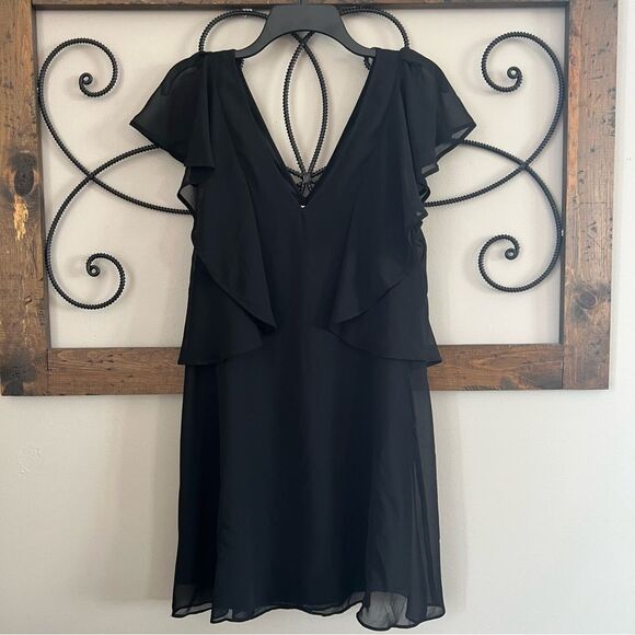 BCBGeneration V Neck Plunge Flutter Sleeve Waterfall Ruffle Mini Black Dress - Picture 2 of 12